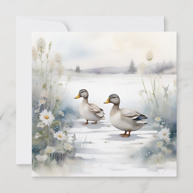 Cute Watercolor Ducks N Daisies Blank  Card (Front)
