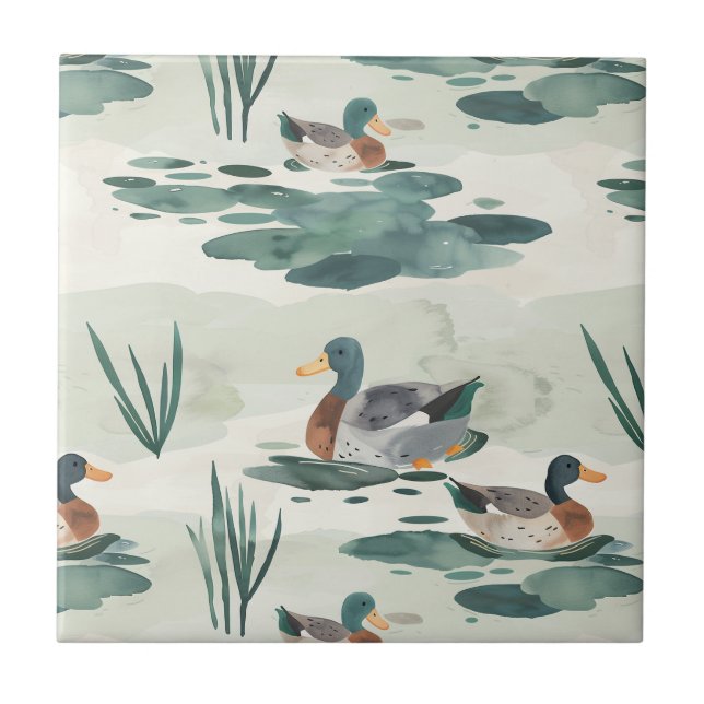 Cute watercolor ducks pattern ceramic tile (Front)