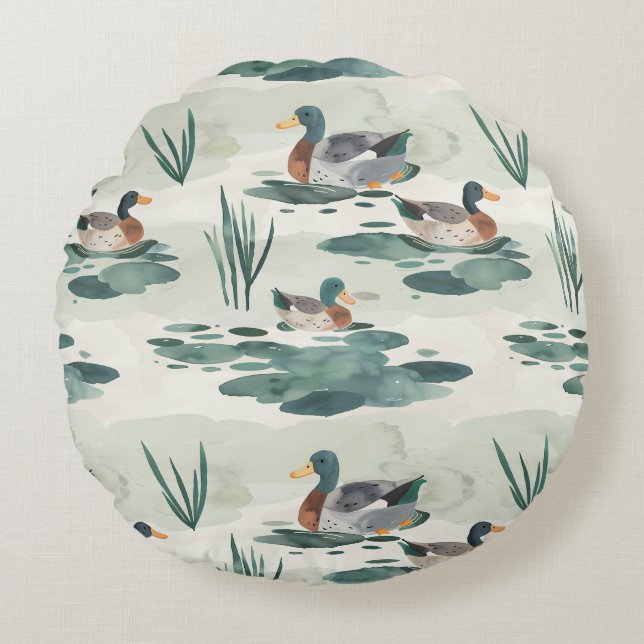 Cute watercolor ducks pattern round pillow (Front)