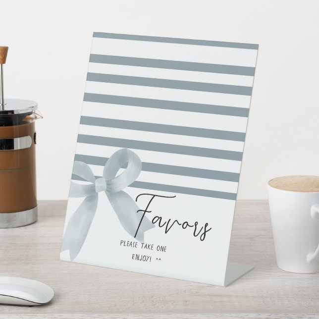 Cute Watercolor Dusty Blue Bow Favors Pedestal Sign (In SItu)