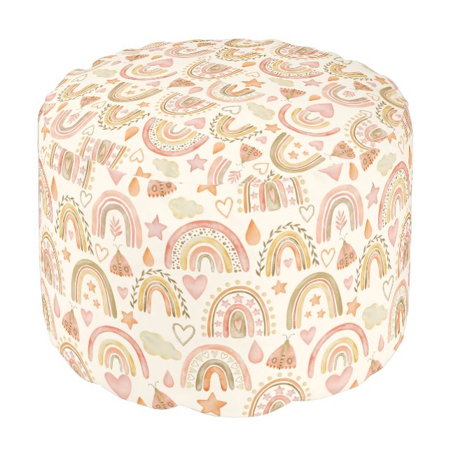 Cute Watercolor Earty Neutral Boho Rainbow Pattern Pouf (Angled Front)