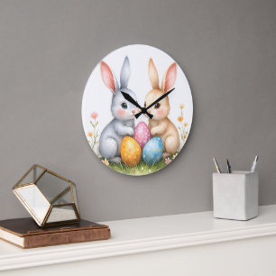 Cute Watercolor Easter Bunnies Cute Rabbits Large Clock