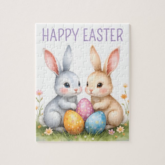 Cute Watercolor Easter Bunnies Happy Easter Jigsaw Puzzle (Vertical)