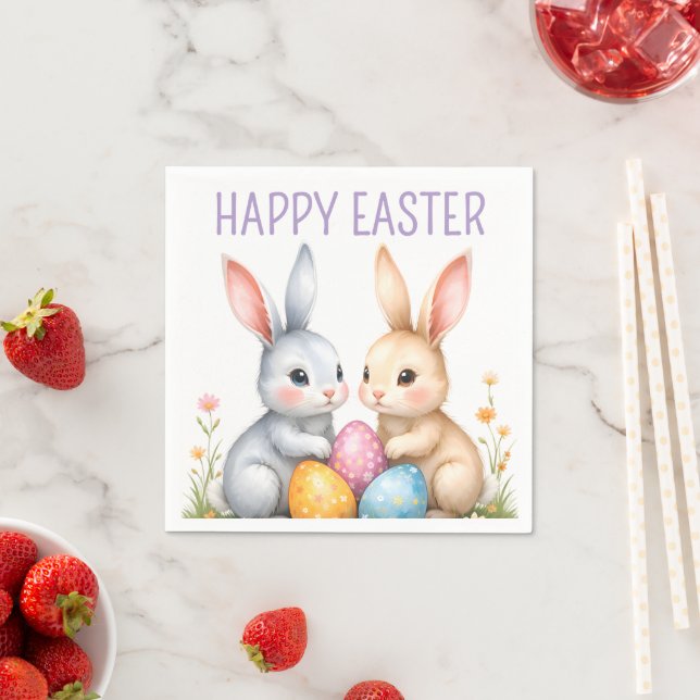 Cute Watercolor Easter Bunnies Happy Easter Napkins (Insitu)