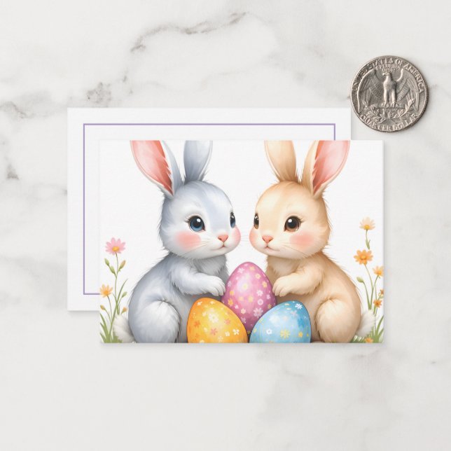 Cute Watercolor Easter Bunnies Happy Easter Note Card (Front/Back In Situ)