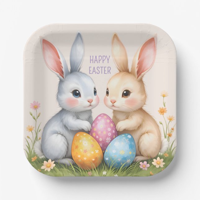 Cute Watercolor Easter Bunnies Happy Easter Paper Plates (Front)