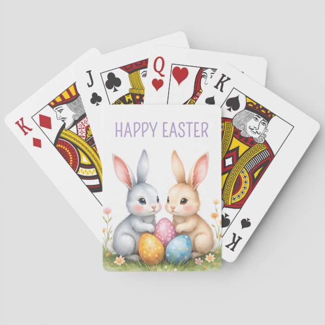 Cute Watercolor Easter Bunnies Happy Easter Poker Cards (Back)