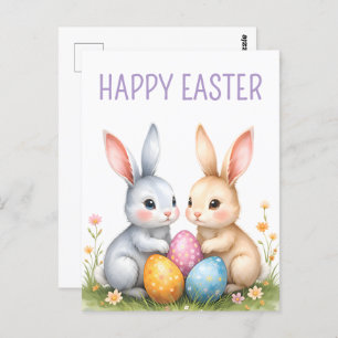 Cute Watercolor Easter Bunnies Happy Easter Postcard