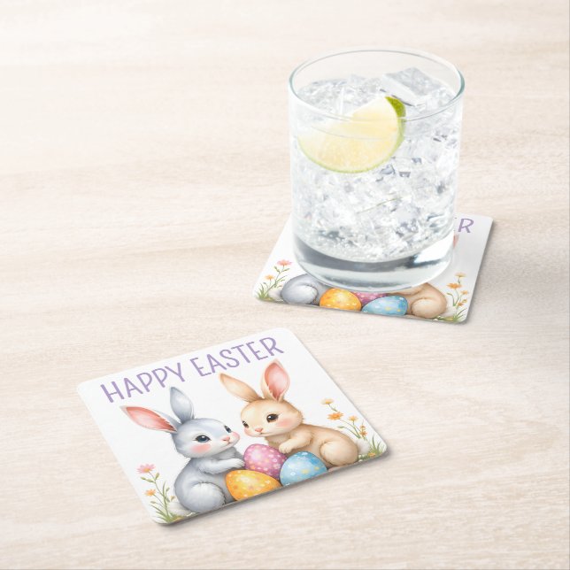 Cute Watercolor Easter Bunnies Happy Easter Square Paper Coaster (Insitu)