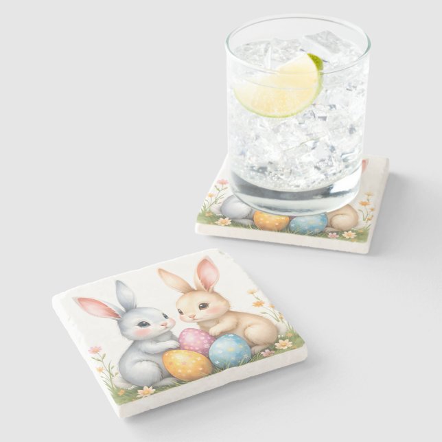 Cute Watercolor Easter Bunnies Happy Easter Stone Coaster (Side)
