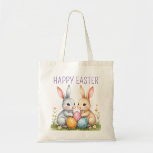 Cute Watercolor Easter Bunnies Happy Easter Tote Bag