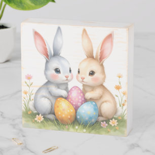 Cute Watercolor Easter Bunnies Happy Easter Wooden Box Sign
