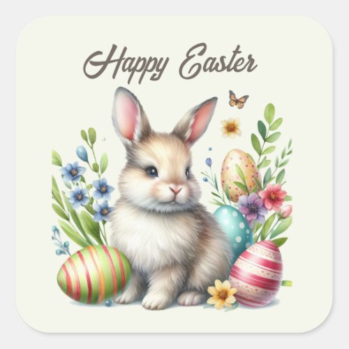 Cute watercolor Easter bunny add text Square Sticker