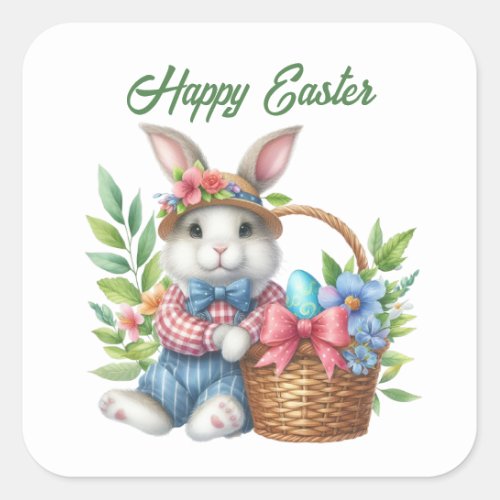 Cute watercolor Easter bunny add text  Square Sticker