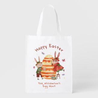 Cute Watercolor Easter Bunny Couple Egg Hunt