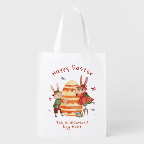 Cute Watercolor Easter Bunny Couple Egg Hunt Grocery Bag