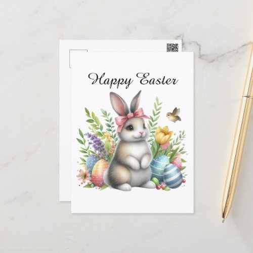 Cute watercolor Easter bunny eggs add message  Holiday Postcard