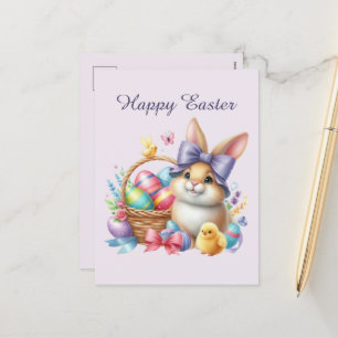 Cute watercolor Easter bunny eggs add message  Holiday Postcard