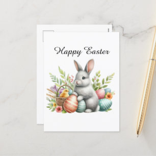 Cute watercolor Easter bunny eggs add message Holiday Postcard