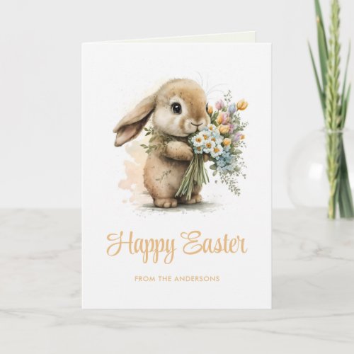 Cute Watercolor Easter Bunny Flowers Holiday Card