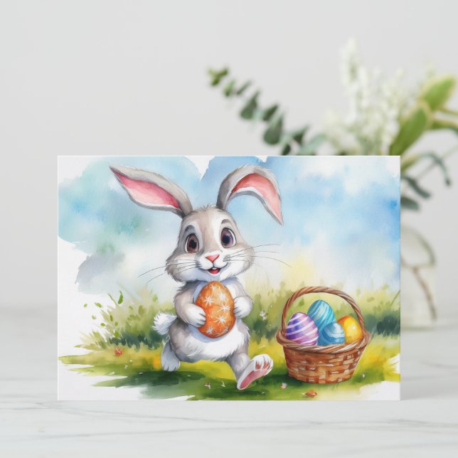 Cute Watercolor Easter Bunny  Holiday Card (Standing Front)