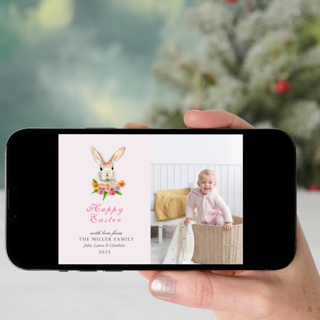 Cute Watercolor Easter bunny photo Holiday Card (Front Digital)
