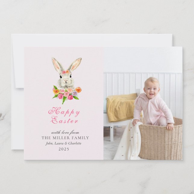 Cute Watercolor Easter bunny photo Holiday Card (Front)