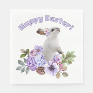 Cute Watercolor Easter Bunny with Flowers & Leaves Napkins