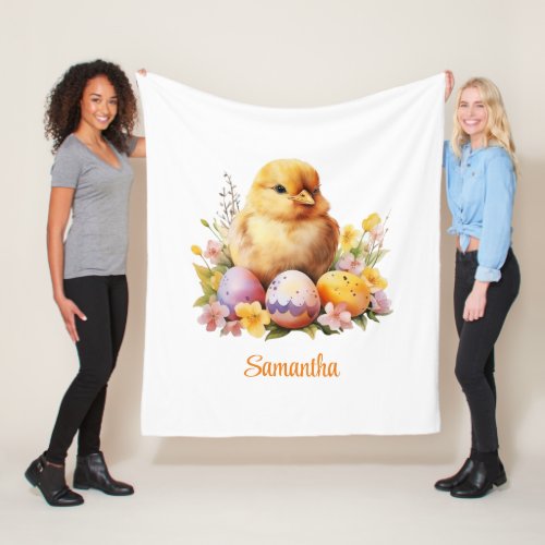 Cute watercolor Easter Chick with eggs and flowers Fleece Blanket