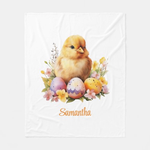 Cute watercolor Easter Chick with eggs and flowers Fleece Blanket