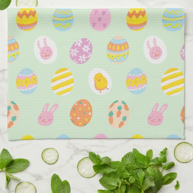 Cute Watercolor Easter Painted Egg Pattern Green Kitchen Towel (Folded)