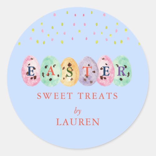  Cute watercolor Eggs Easter candy on Blue Classic Round Sticker