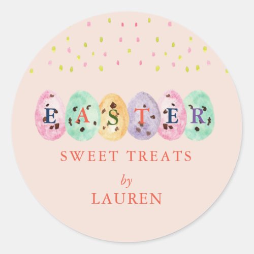  Cute watercolor Eggs Easter candy on Pink Classic Round Sticker