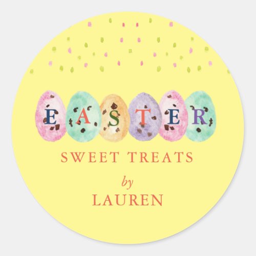 Cute watercolor Eggs Easter candy on Yellow Classic Round Sticker