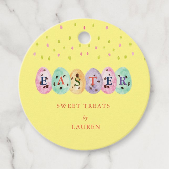 Cute watercolor Eggs Easter candy on Yellow Favor Tags (Front)