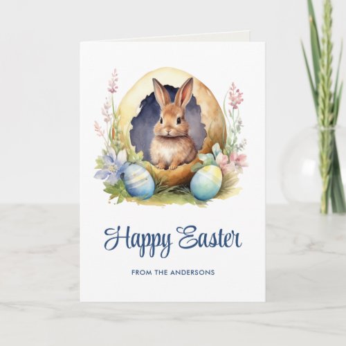 Cute Watercolor Eggs Floral Easter Bunny Holiday Card