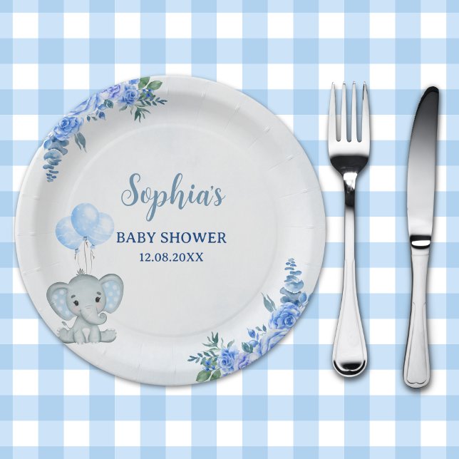 Cute Watercolor Elephant baby shower Boy Paper Plates (Creator Uploaded)