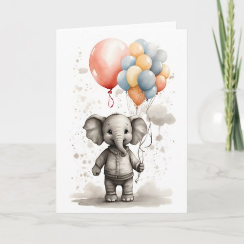 Cute Watercolor Elephant Big Red Balloon Blank Card