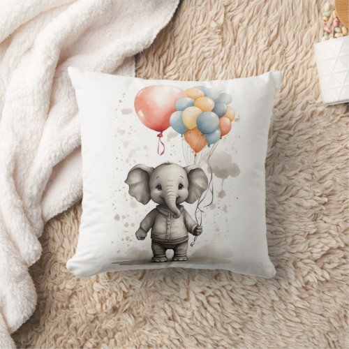 Cute Watercolor Elephant Big Red Balloon Nursery Throw Pillow