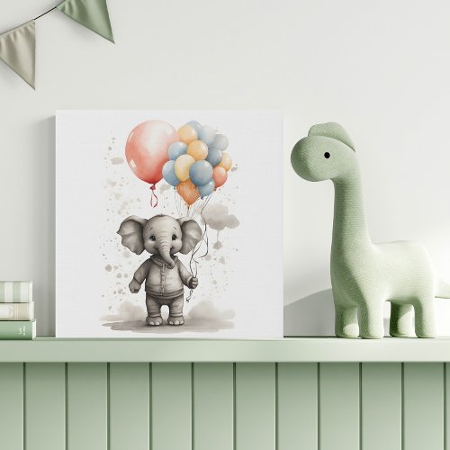 Cute Watercolor Elephant Big Red Balloons Nursery Faux Canvas Print