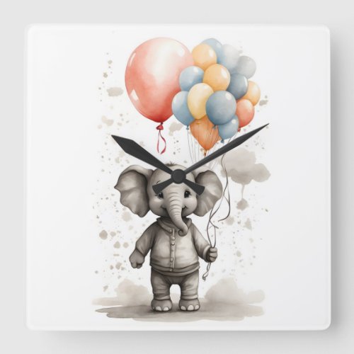 Cute Watercolor Elephant Big Red Balloons Nursery Square Wall Clock