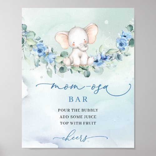 Cute watercolor elephant blue flowers Mom_osa bar Poster