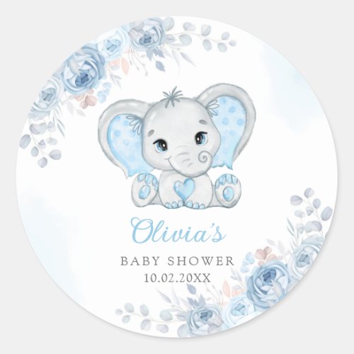 Cute Watercolor Elephant Boy Baby Shower Favor     Classic Round Sticker