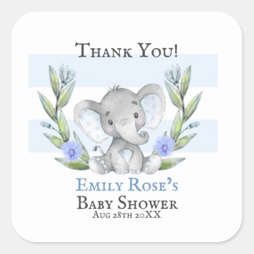 Cute Watercolor Elephant Boy Baby Shower Thank You Square Sticker