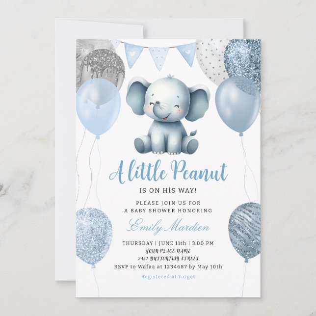 Cute watercolor Elephant Boy Balloons Baby Shower Invitation (Front)