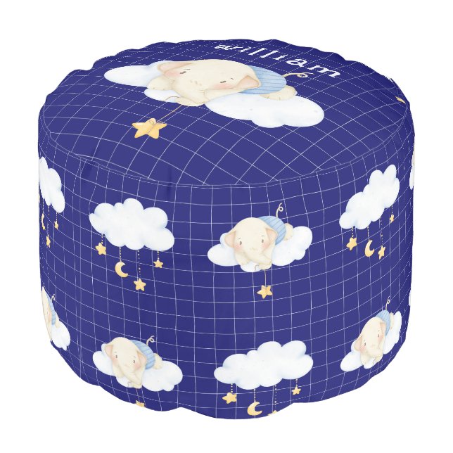 Cute Watercolor Elephant Clouds Navy Blue Nursery Pouf (Angled Back)
