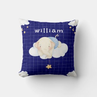 Cute Watercolor Elephant Clouds Navy Blue Nursery