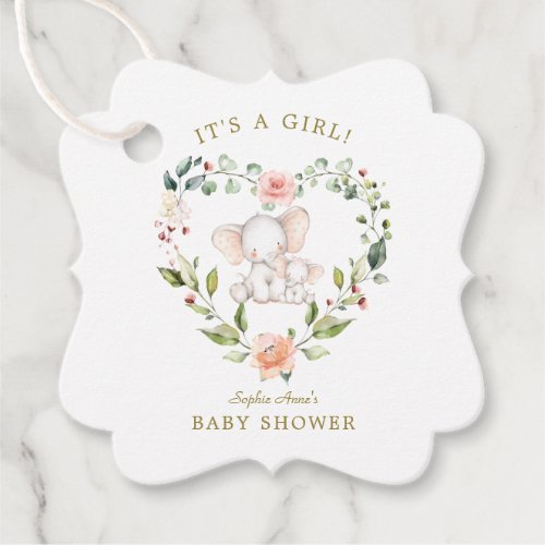 Cute Watercolor Elephant Floral Girl Baby Shower Favor Tags