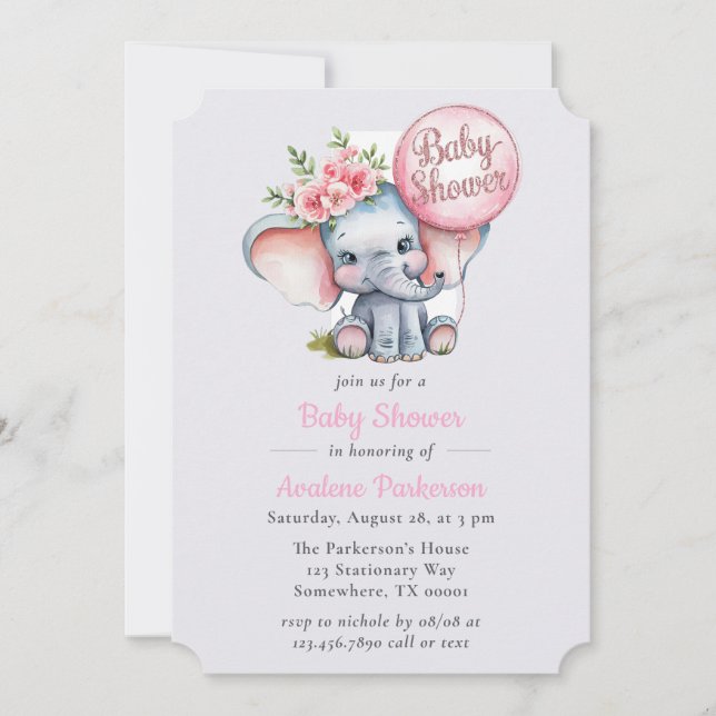 Cute Watercolor Elephant Floral Girl Baby Shower Invitation (Front)