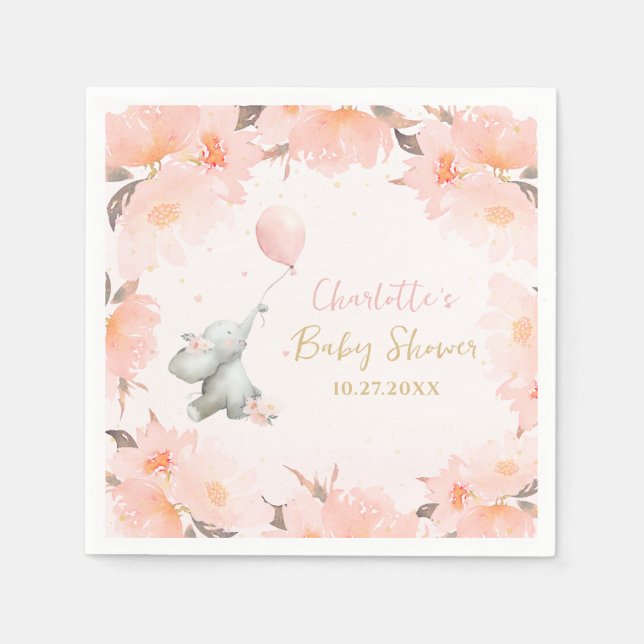 Cute Watercolor Elephant Floral Girl Baby Shower Napkins (Front)
